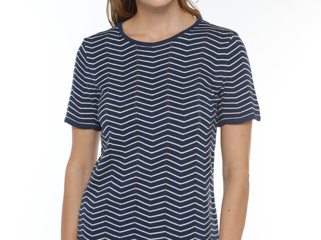 707126 MRC 1 pull manches courtes femme coton marine creme Maison-solfin - Pull femme coton manches courtes marine/crème – 38