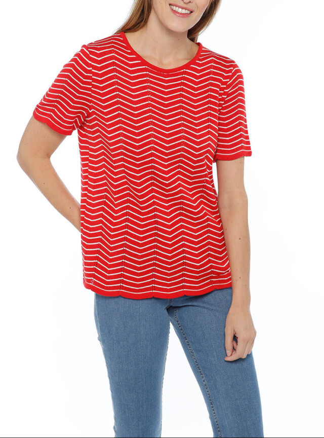MAISON SOLFIN - Pull femme coton manches courtes rouge/crème