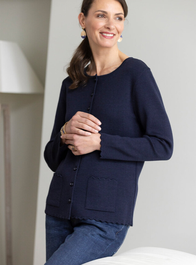 MAISON SOLFIN - Cardigan femme en laine mérinos Bleu Marine
