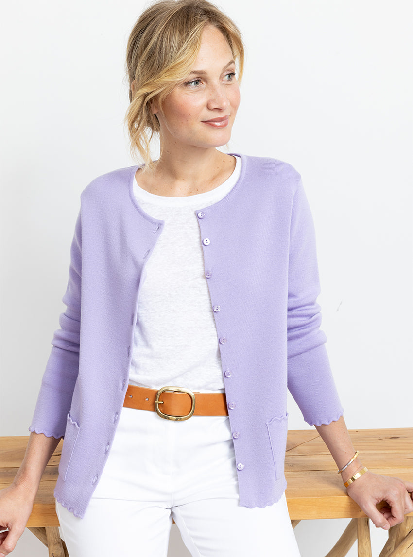 7194 VIP 1 cardigan femme laine violet pastel Maison-solfin - Cardigan femme en laine mérinos Violet Pastel – 52