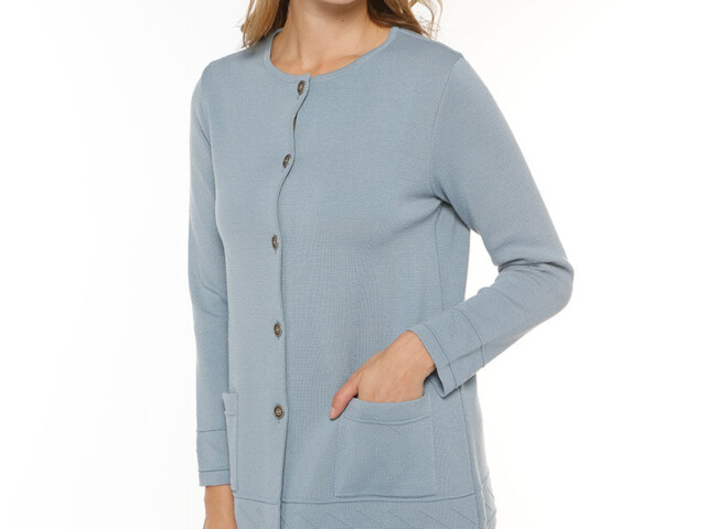 7205 bleu brume 3 Maison Solfin - Veste longue femme en laine bleu brume – 38