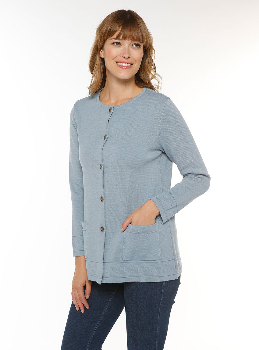 7205 bleu brume 3 Maison Solfin - Veste longue femme en laine bleu brume – 38