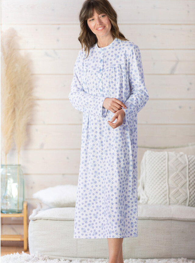 MAISON SOLFIN - Chemise de nuit femme imprimée en coton pois bleus