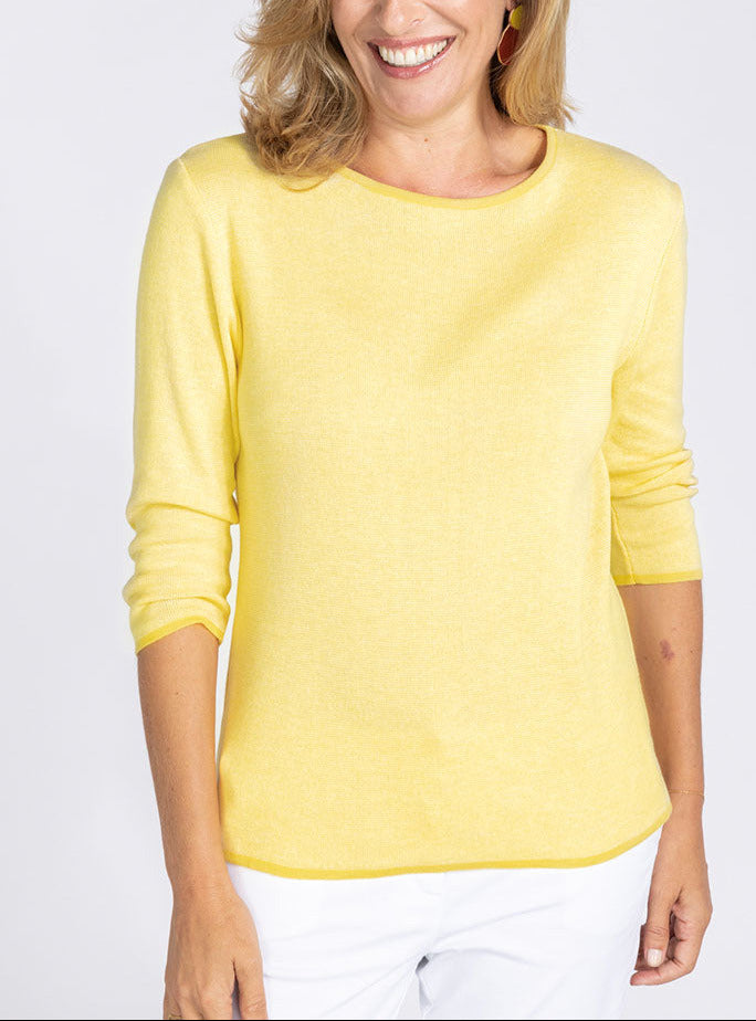 7267 jaune citron 5 Maison Solfin - Pull femme en coton col rond jaune – 52