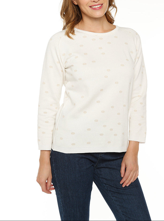 7272 BGN 1 pull pois femme coton beige lin Maison-solfin - Pull femme à pois beige lin en coton – 44