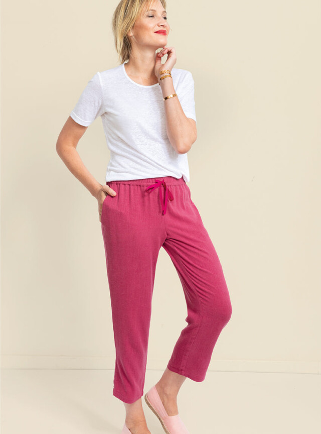MAISON SOLFIN - Pantacourt fluide femme en lin rose magenta