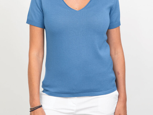 7291 BPE 1 pull manches courtes femme coton bleu pervenche Maison Solfin - Pull femme manches courtes en coton Bleu pervenche – 50