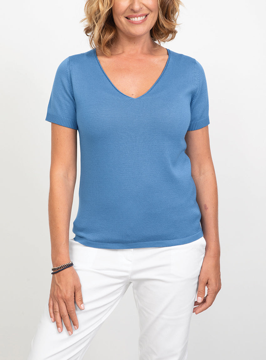 7291 BPE 1 pull manches courtes femme coton bleu pervenche Maison Solfin - Pull femme manches courtes en coton Bleu pervenche – 50