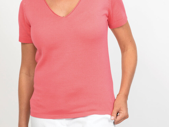 7291 ROS 1 pull manches courtes femme coton rose Maison Solfin - Pull femme manches courtes en coton Rose – 52