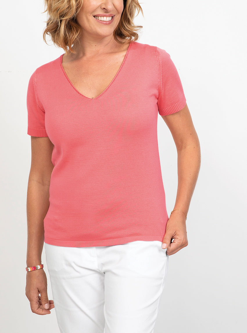 7291 ROS 1 pull manches courtes femme coton rose Maison Solfin - Pull femme manches courtes en coton Rose – 52