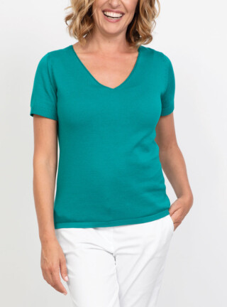 MAISON SOLFIN - Pull femme manches courtes en coton Vert Emeraude