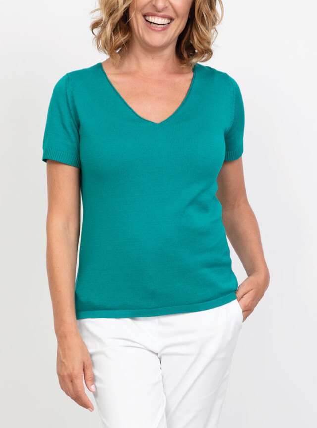 Pull femme manches courtes en coton Vert Emeraude par la marque MAISON SOLFIN MAISON SOLFIN - Pull femme manches courtes en coton Vert Emeraude
