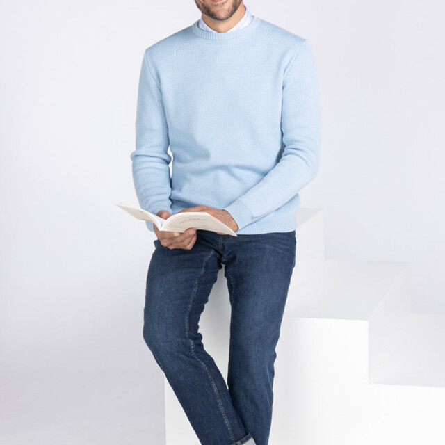 Maison Solfin - Pull col rond homme en laine bleu ciel – 6
