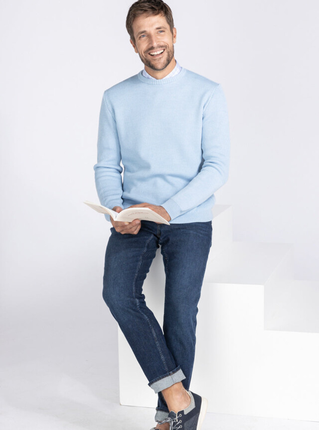 Maison Solfin - Pull col rond homme en laine bleu ciel – 6