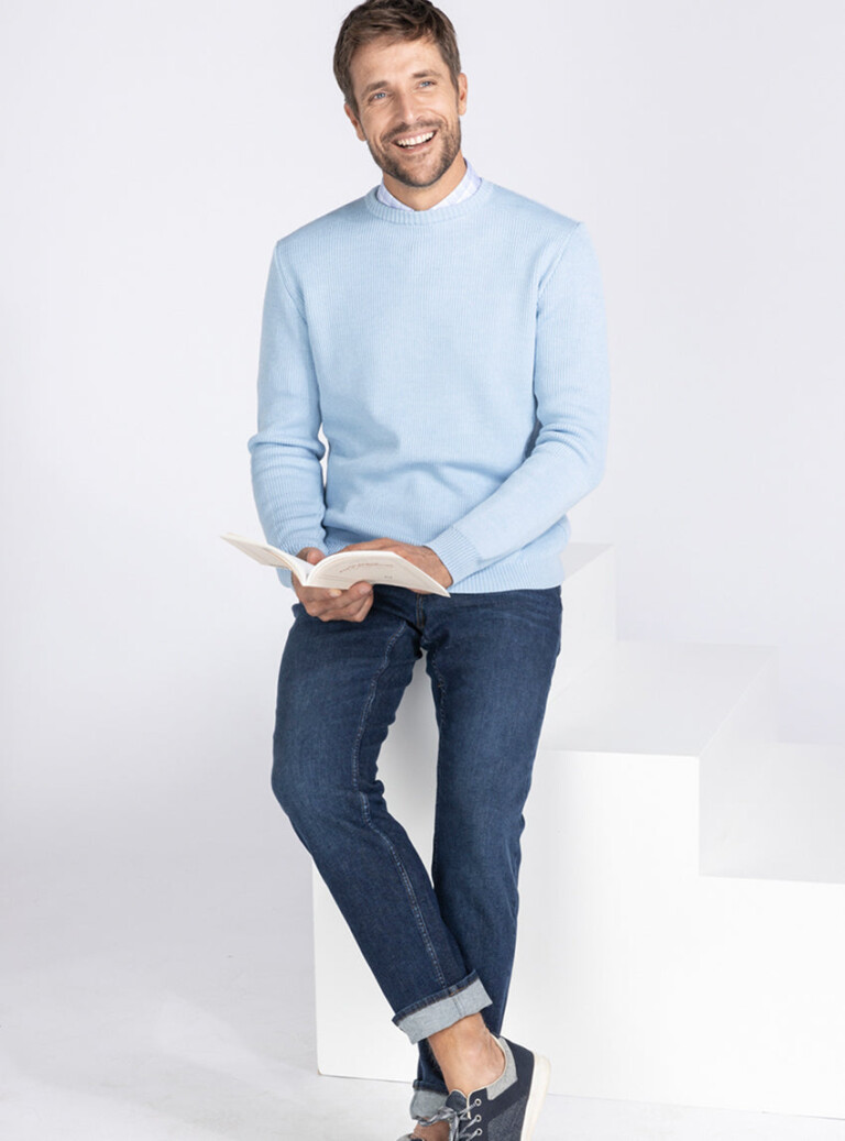 Maison Solfin - Pull col rond homme en laine bleu ciel – 6