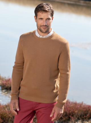 MAISON SOLFIN - Pull homme col rond en laine beige cuivre