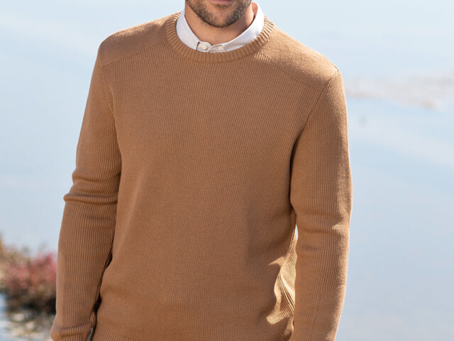 7299 BCV 1 pull homme col rond laine beige cuivre Maison Solfin - Pull homme col rond en laine beige cuivre – 6
