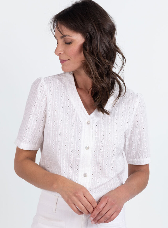Maison Solfin - Chemisier femme brodé en coton blanc naturel – 48