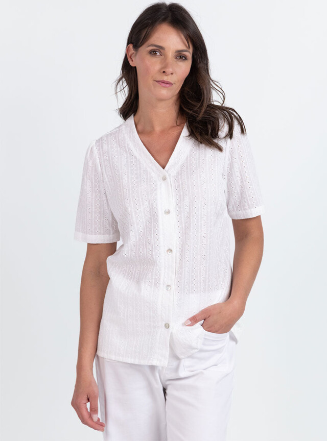 MAISON SOLFIN - Chemisier femme brodé en coton blanc naturel