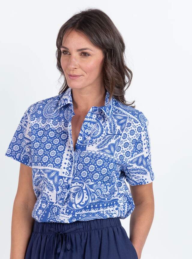 Maison Solfin - Chemisier en coton rayé bleu atlantique – 52