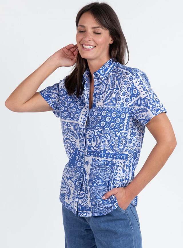 Maison Solfin - Chemisier en coton rayé bleu atlantique – 52