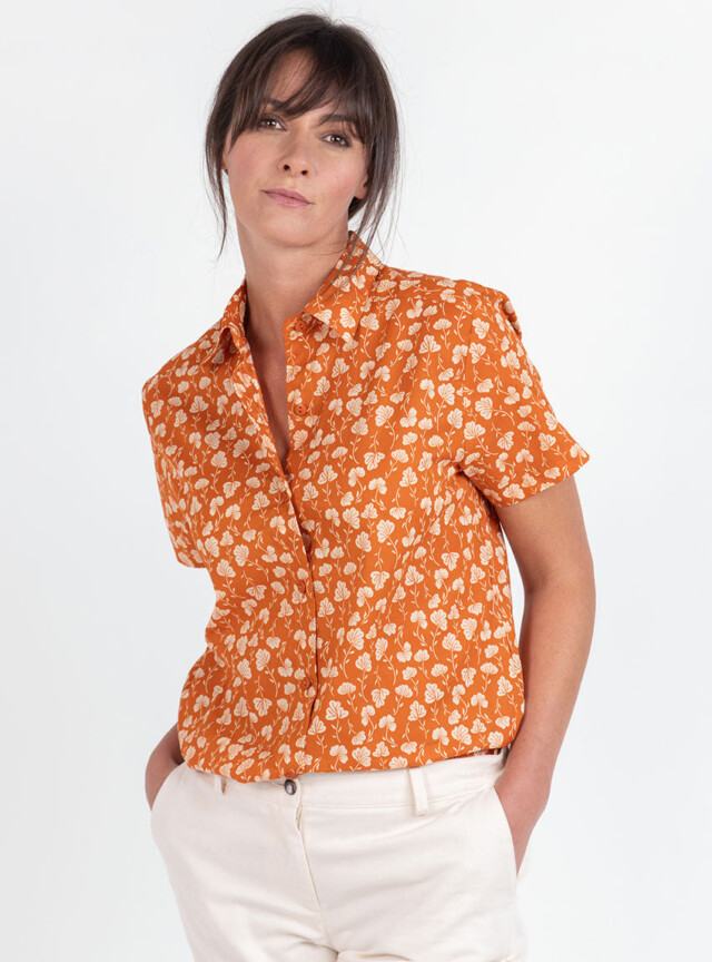 MAISON SOLFIN - Chemisier en coton rayé imprimé orange ocre