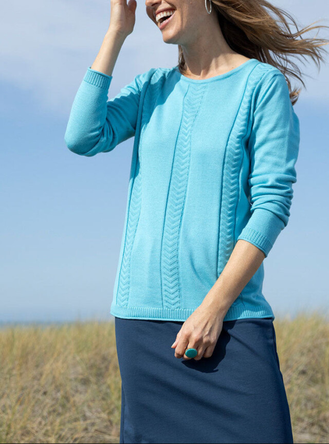 Pull femme maille jersey bleu turquoise par la marque MAISON SOLFIN MAISON SOLFIN - Pull femme maille jersey bleu turquoise