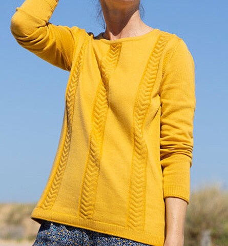 7423 jaune safran 1 Maison Solfin - Pull femme maille jersey jaune – 48