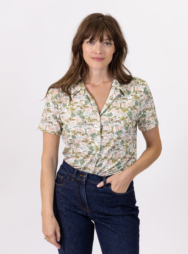 MAISON SOLFIN - Chemisier à fleurs femme en maille vert feuillage