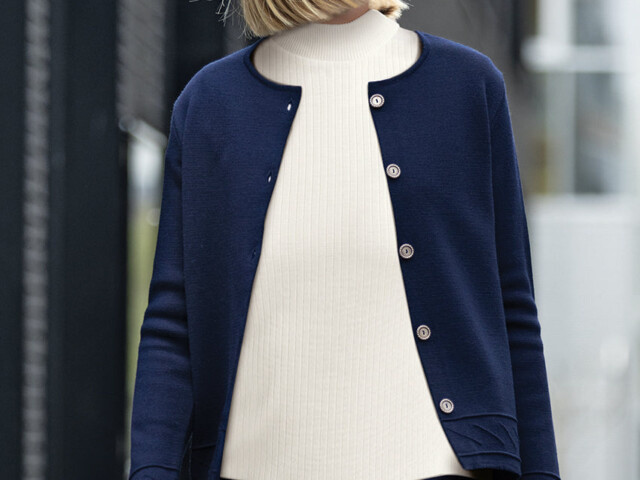 Maison-solfin - Veste courte femme en laine et maille fantaisie bleu marine – 50