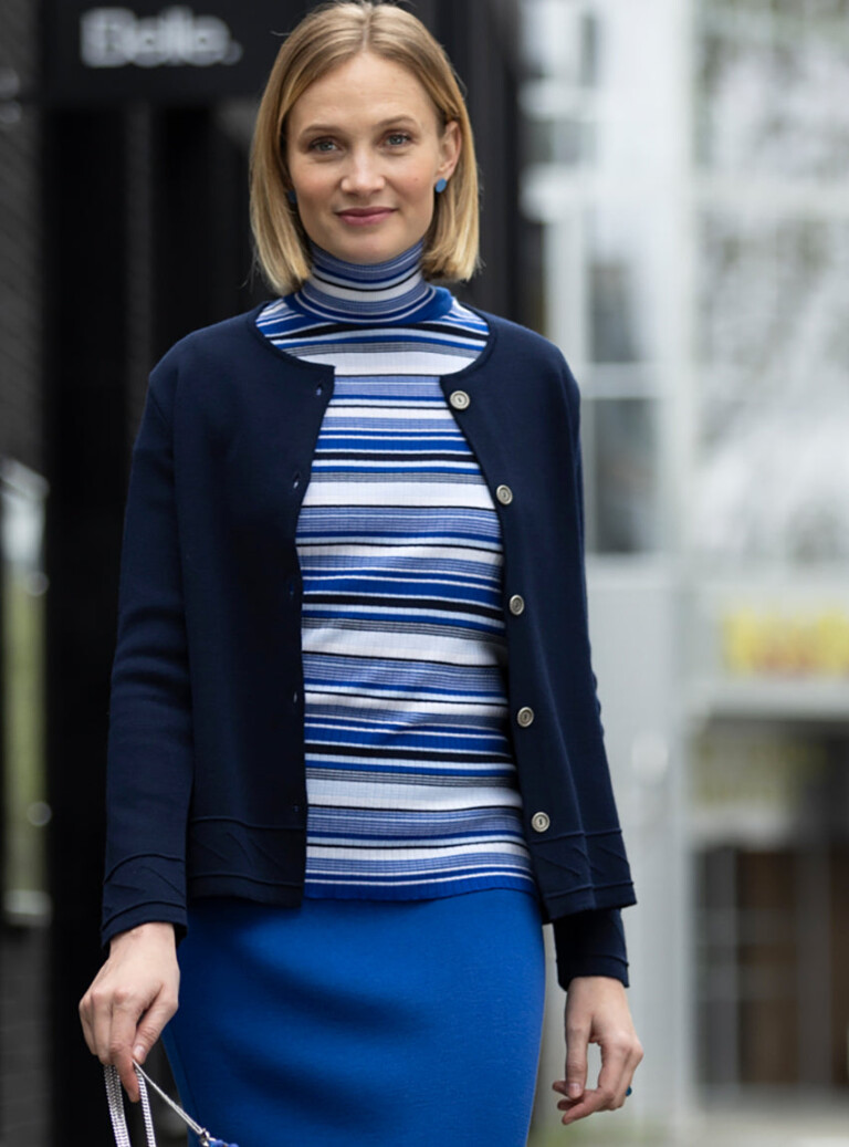 Maison-solfin - Veste courte femme en laine et maille fantaisie bleu marine – 50