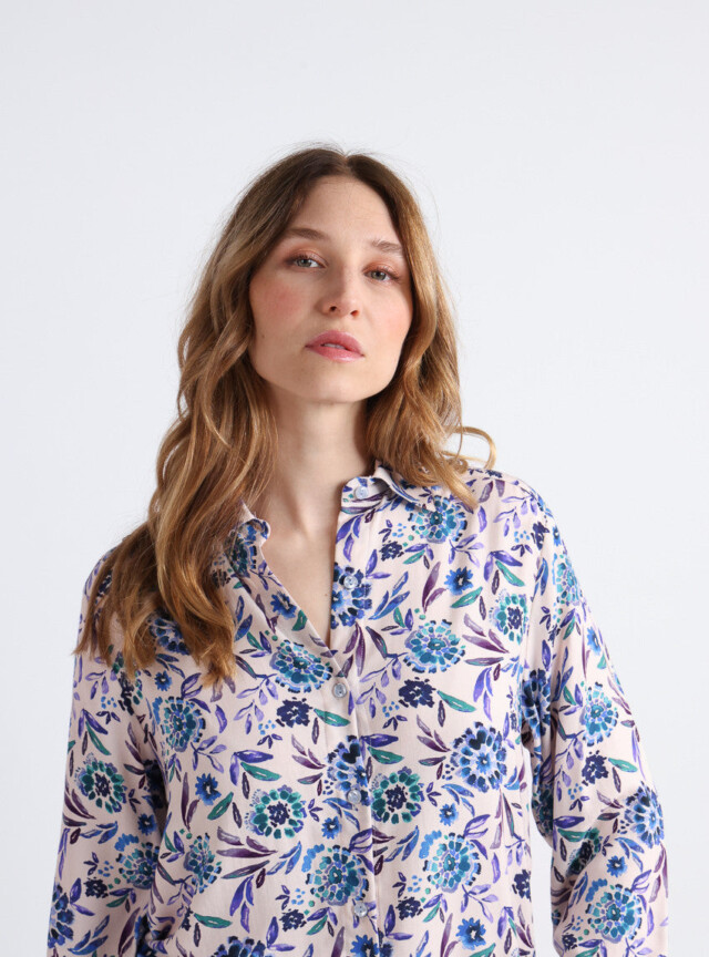 Maison-solfin - Chemise chaude femme viscose floral bleu – 42