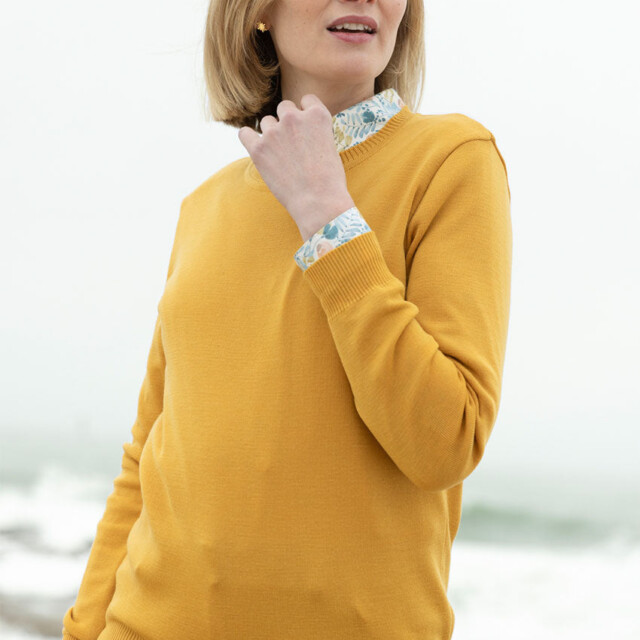 Maison Solfin - Pull femme en laine mérinos col rond jaune doré – 48
