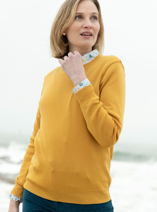 Maison Solfin - Pull femme en laine mérinos col rond jaune doré – 48