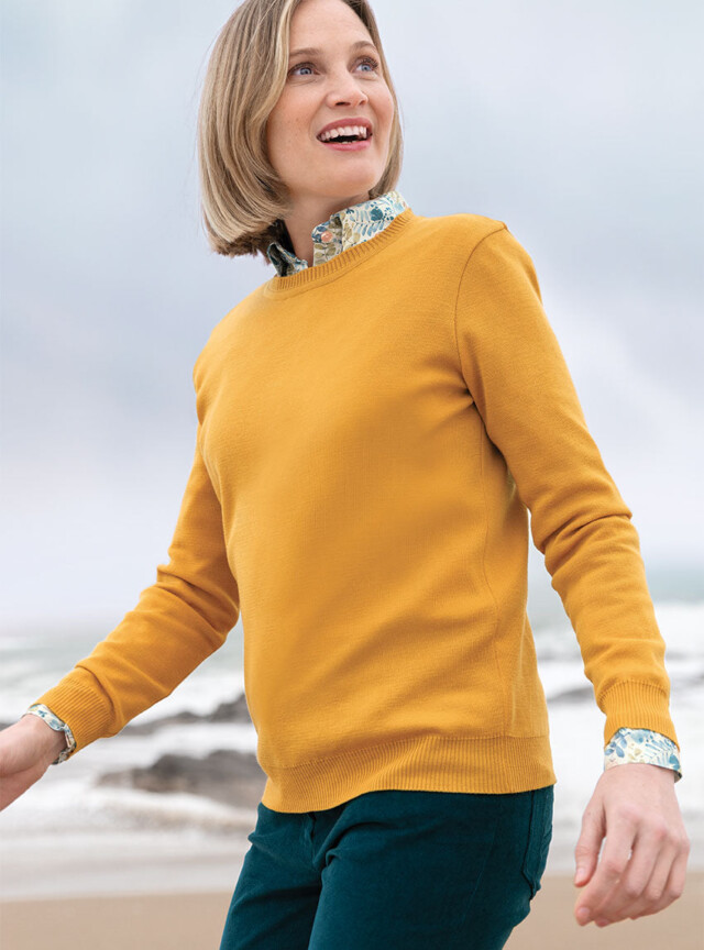 Maison Solfin - Pull femme en laine mérinos col rond jaune doré – 48
