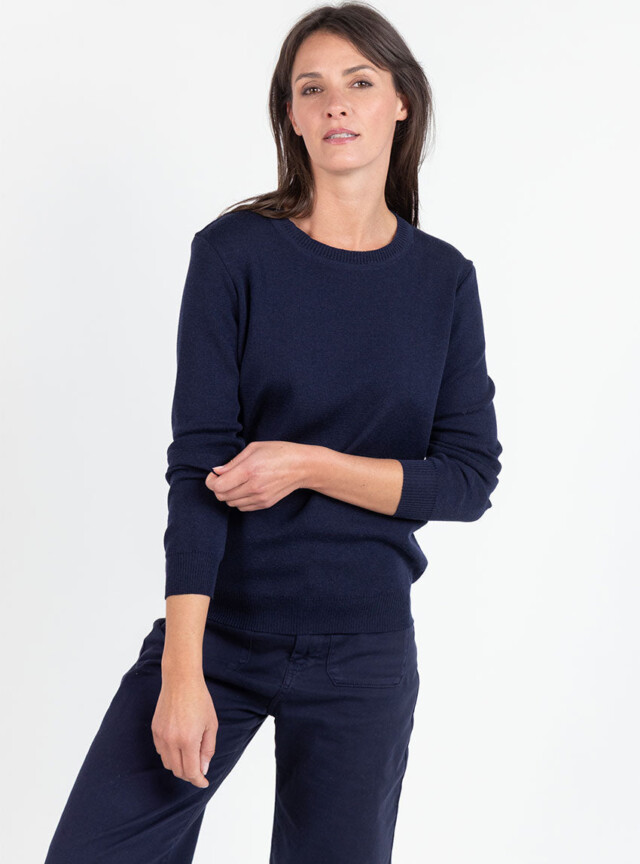 Maison-solfin - Pull femme en laine mérinos col rond bleu marine – 50
