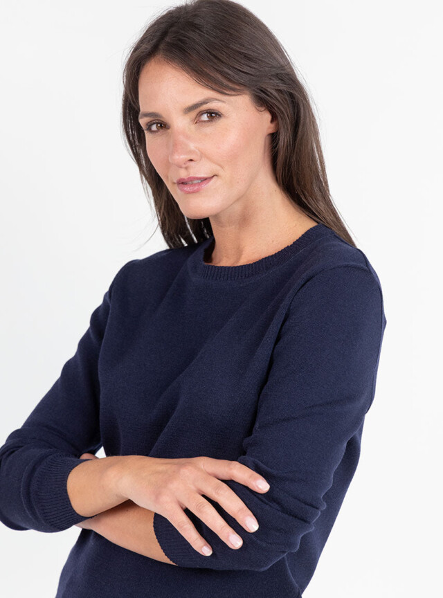MAISON SOLFIN - Pull femme en laine mérinos col rond bleu marine