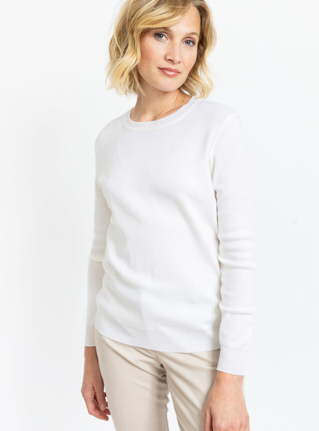MAISON SOLFIN - Pull femme en laine mérinos col rond Blanc Naturel