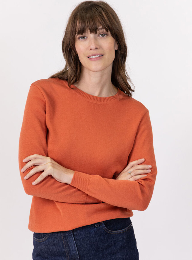 MAISON SOLFIN - Pull femme en laine mérinos col rond orange tendre