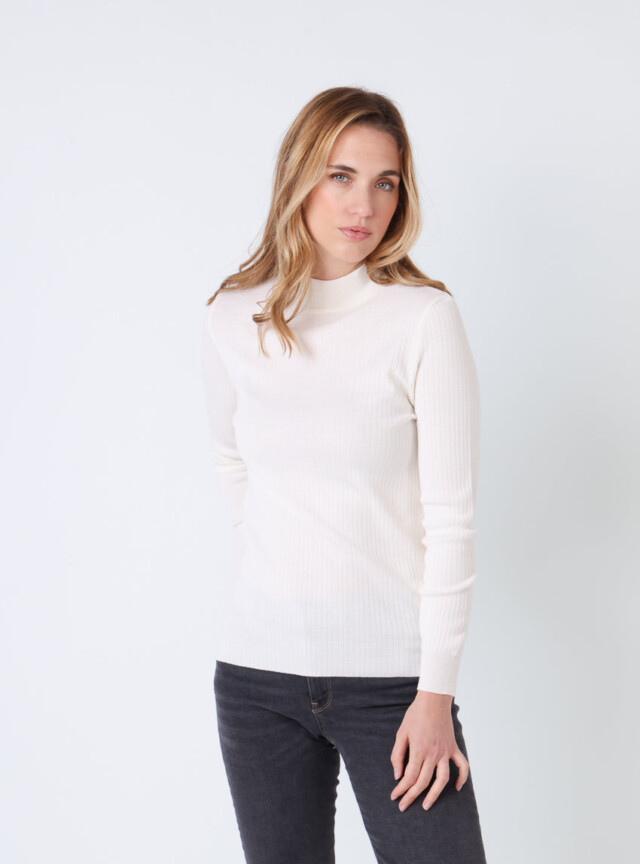 MAISON SOLFIN - Pull chaussette femme col cheminee laine mérinos Blanc