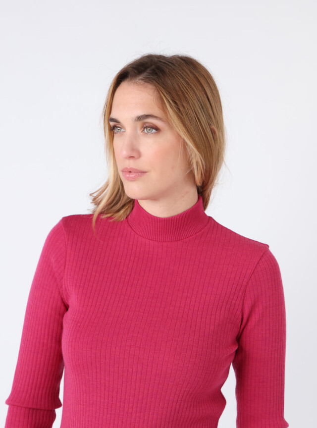 Maison-solfin - Pull chaussette femme col cheminee laine mérinos Rose géranium – 4