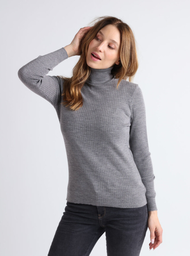 MAISON SOLFIN - Pull chaussette femme col roule en laine mérinos Gris Léger