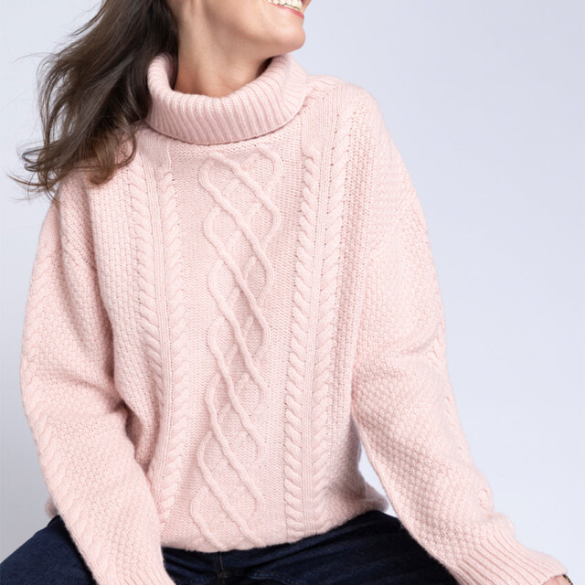 Maison-solfin - Pull col roule femme en laine recyclée rose poudre – 4