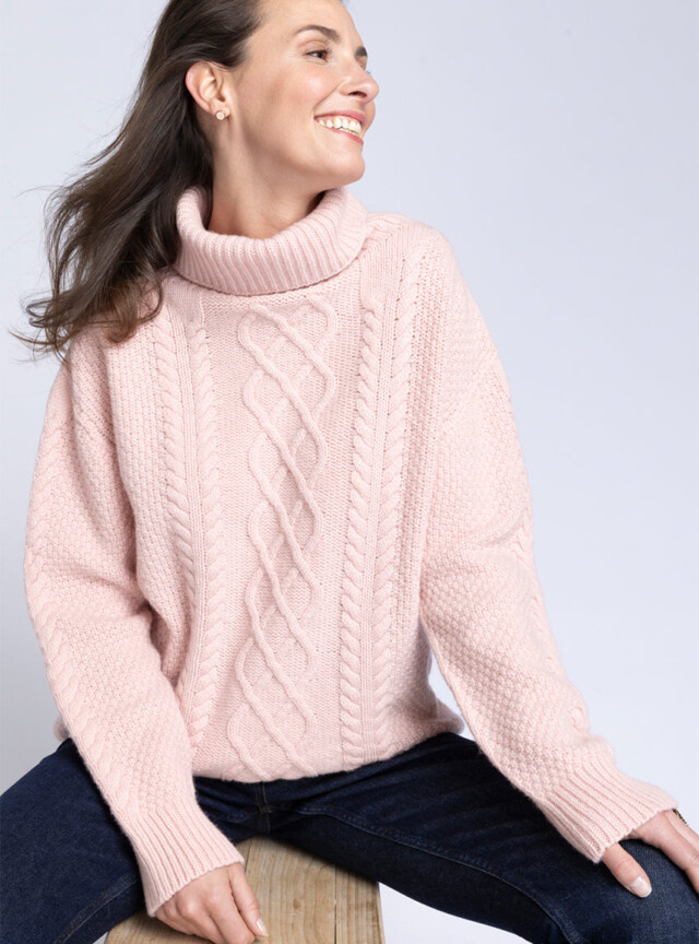 Maison-solfin - Pull col roule femme en laine recyclée rose poudre – 4