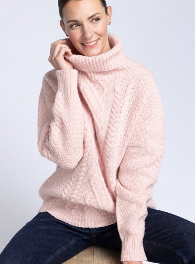 Maison-solfin - Pull col roule femme en laine recyclée rose poudre – 4