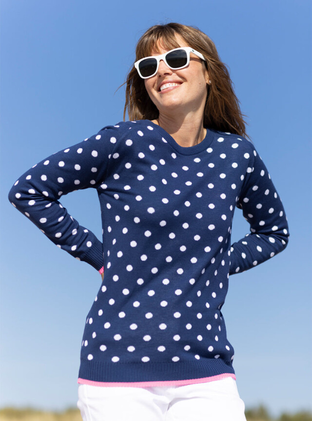 Pull femme à pois en coton bleu marine par la marque MAISON SOLFIN MAISON SOLFIN - Pull femme à pois en coton bleu marine