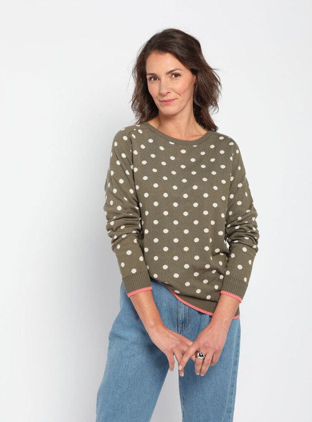 Pull femme à pois en coton vert kaki par la marque MAISON SOLFIN MAISON SOLFIN - Pull femme à pois en coton vert kaki