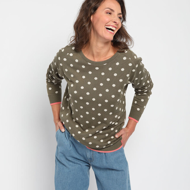 Maison Solfin - Pull femme à pois en coton vert kaki – 50