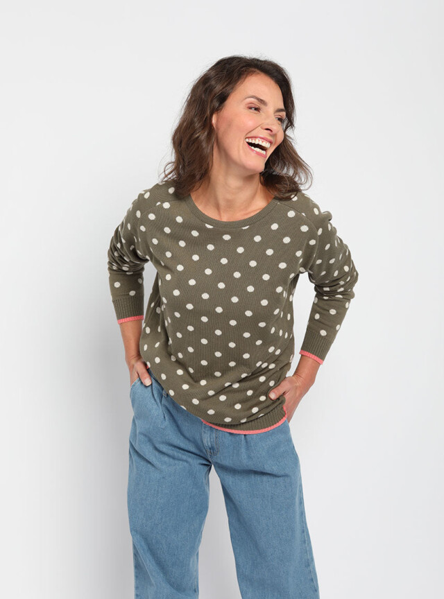 Maison Solfin - Pull femme à pois en coton vert kaki – 50