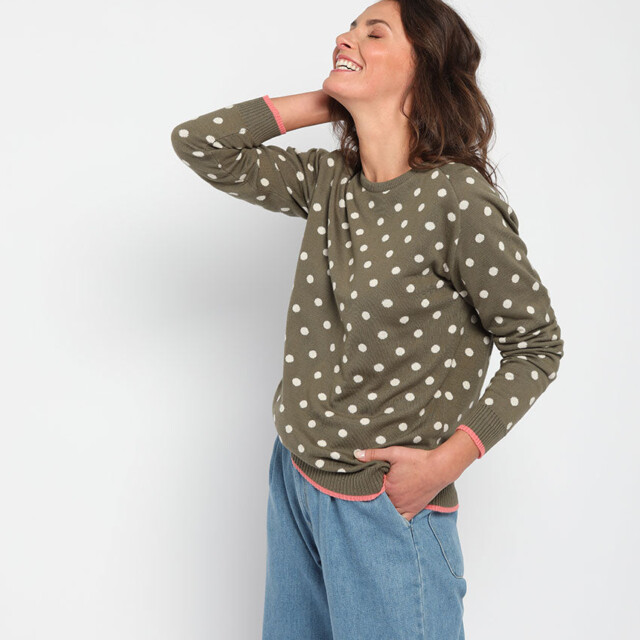 Maison Solfin - Pull femme à pois en coton vert kaki – 50